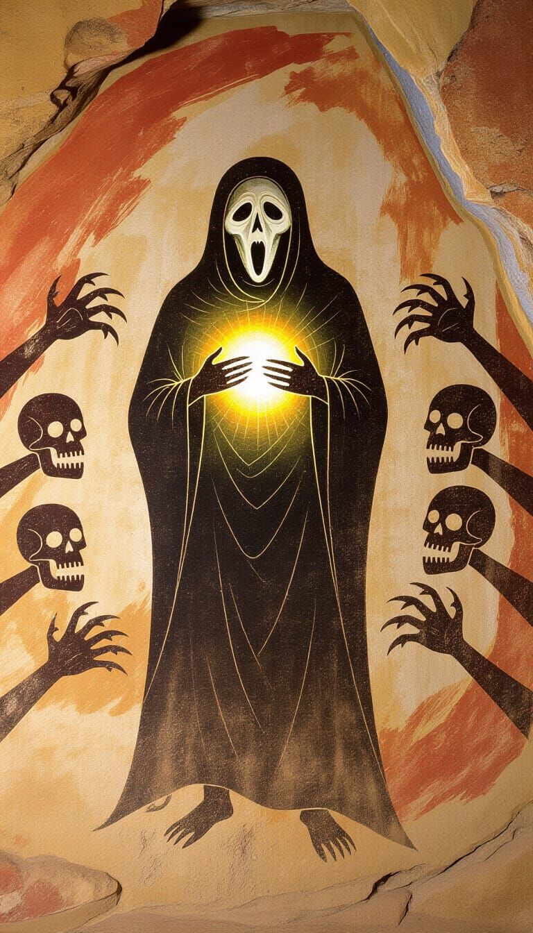 Ancient Cave Painting of Ghostly Figure and Shadowy Faces