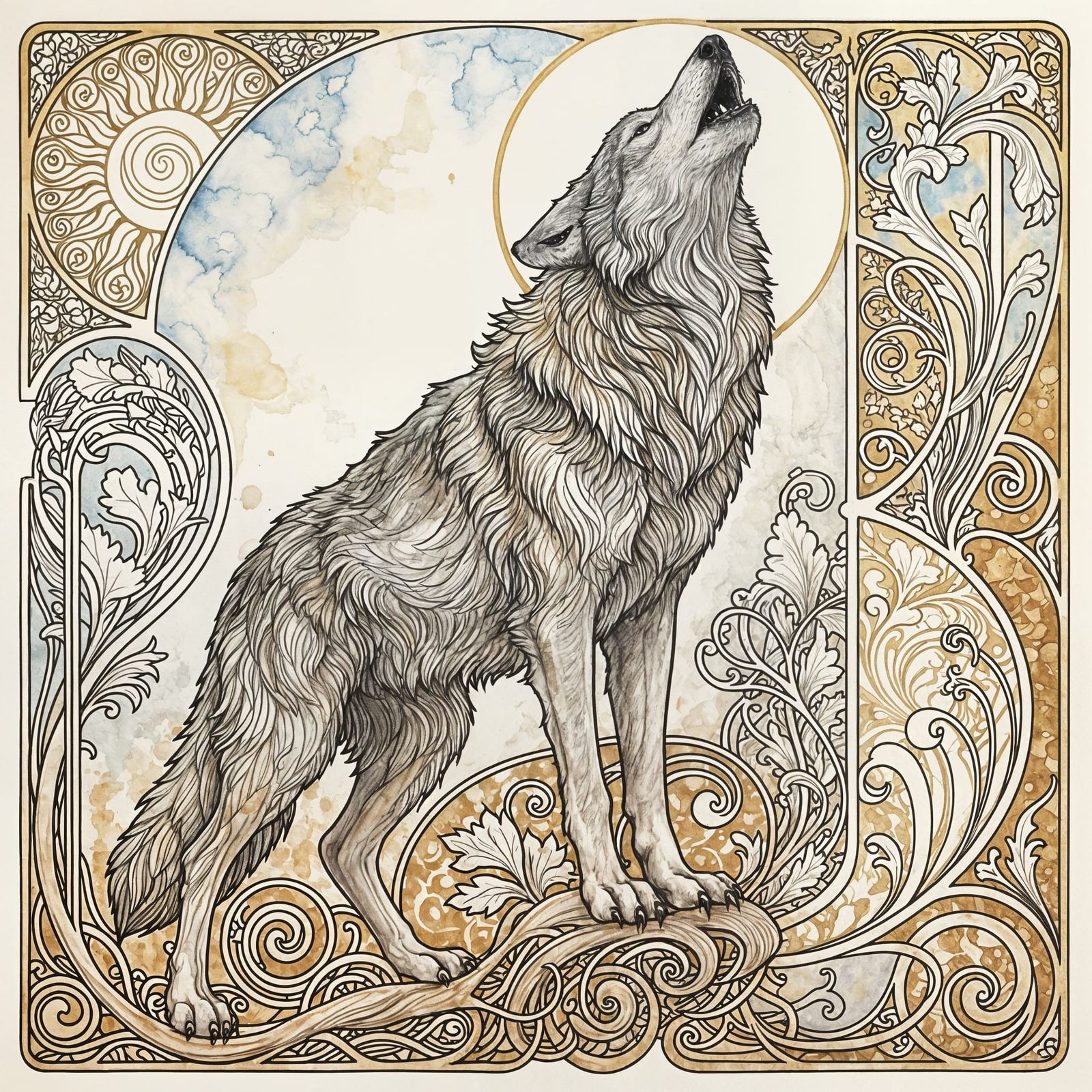 Majestic Wolf Howling Under Daylight Sky in Art Nouveau Styl...