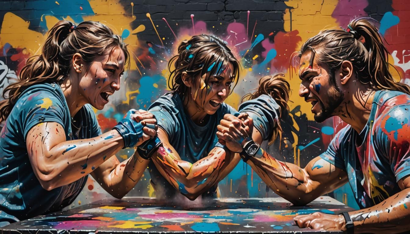 Intense Arm Wrestling Match in Graffiti Art Style