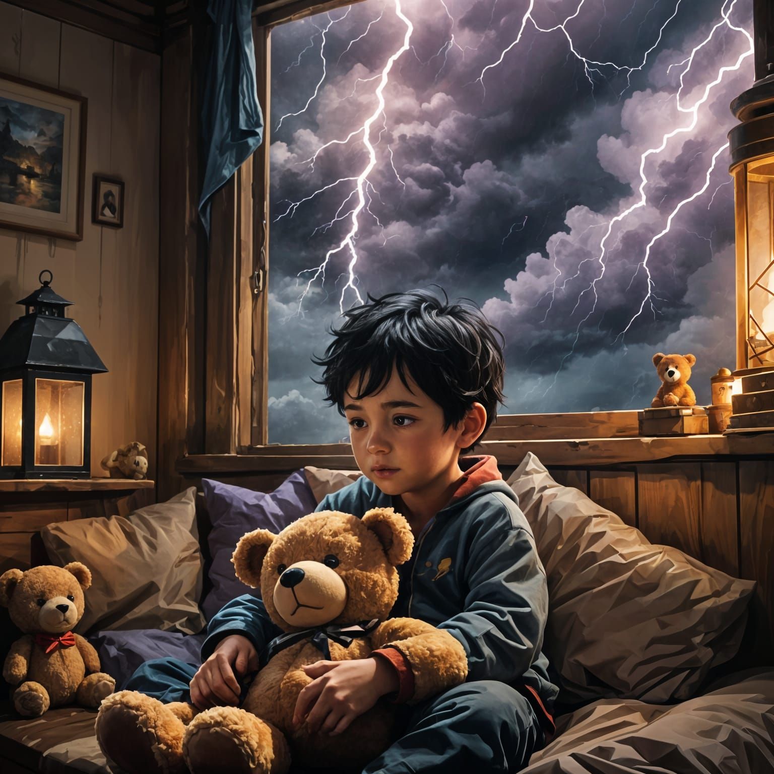 Boy and Teddy Bear in Storm, Digital Art