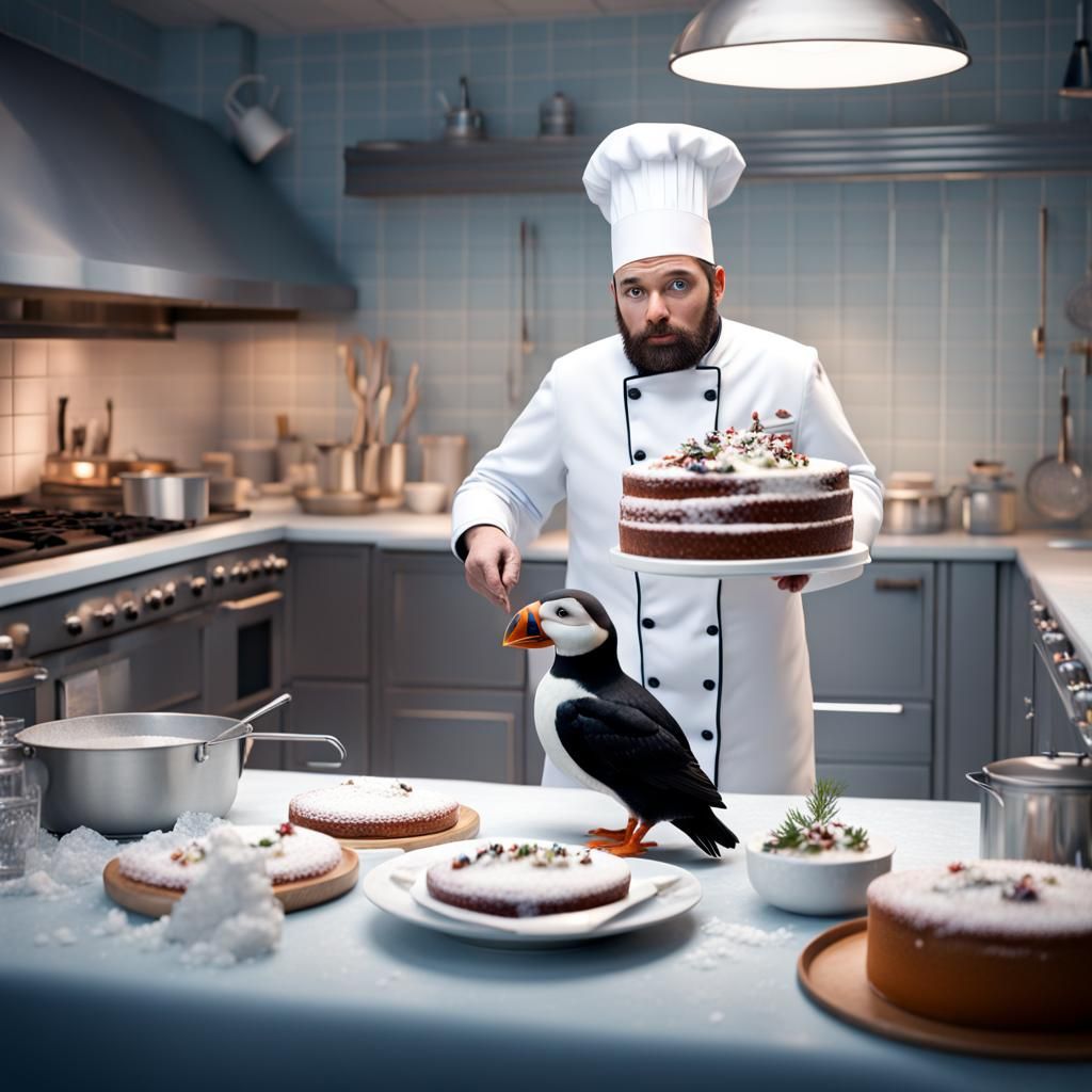 Puffin Chef Bakes Cake in Arctic Kitchen
