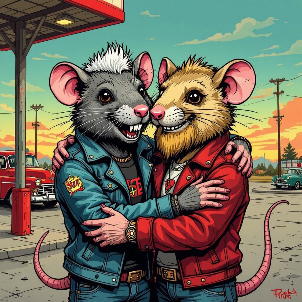 Humanoid Rats Embracing at Truck Stop in Hot Rod Style