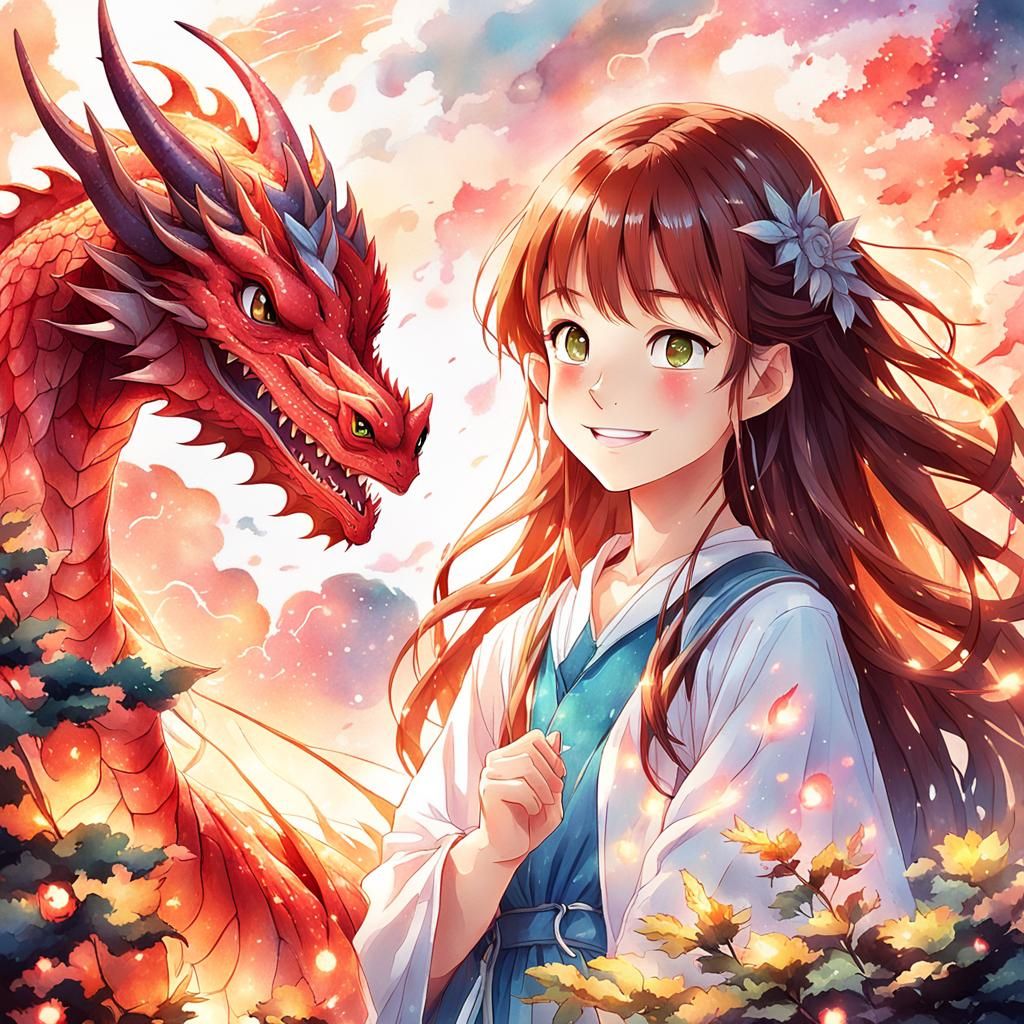 Girl and Dragon in Magical Realism Anime Style