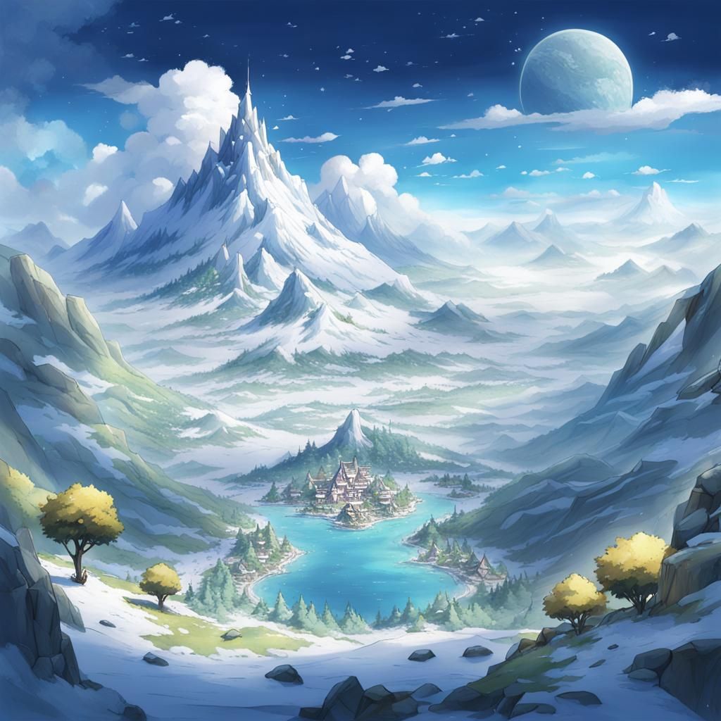 Snowy Mountain Island in Anime Fantasy World
