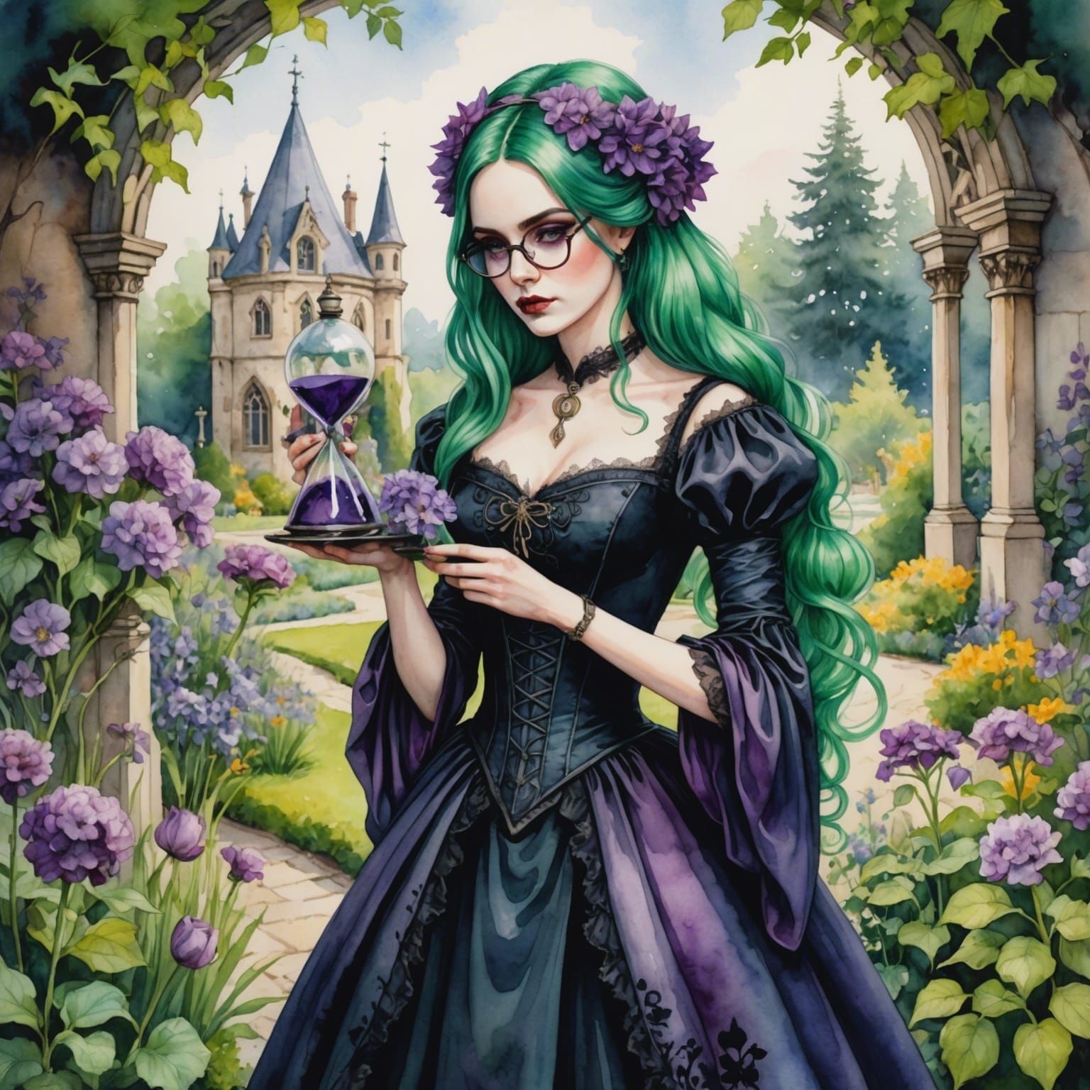 Watercolor Woman Picking Flower in Gothic Garden