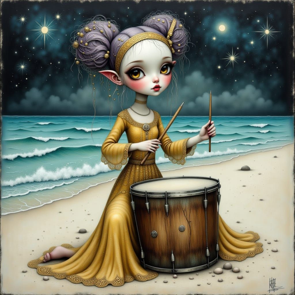 Gothic Grunge Woman Playing Drums on Shore
