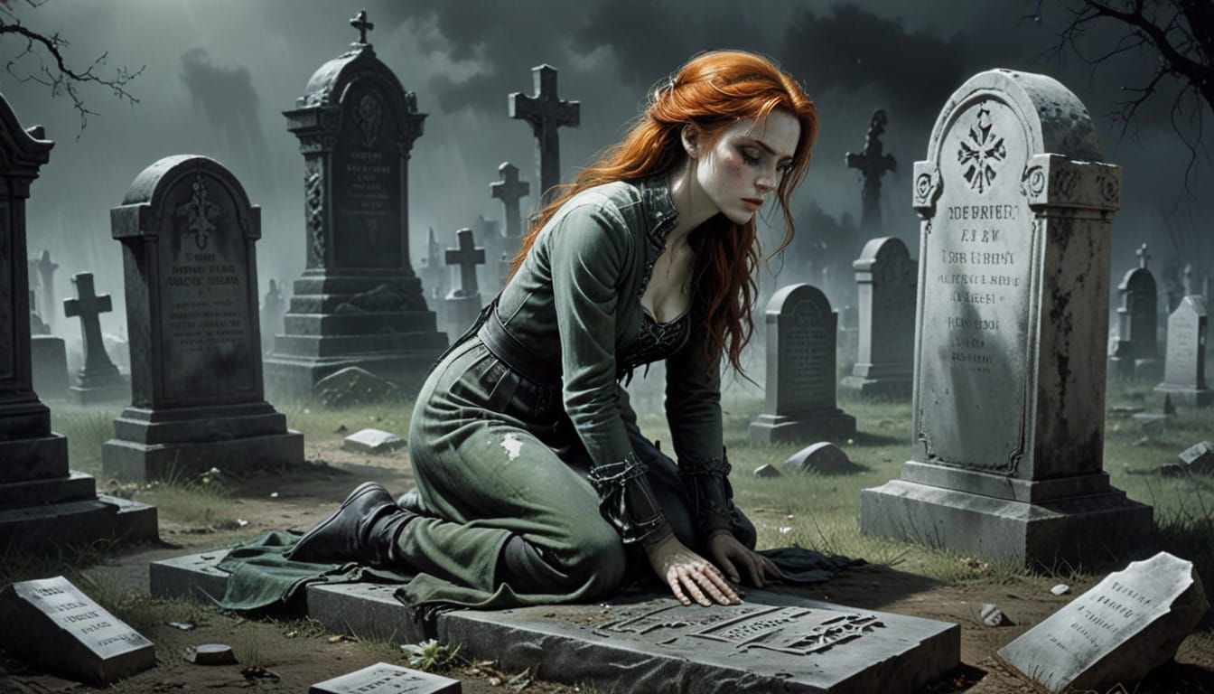 Mourning Gothic Woman in Double Exposure Oil Painting