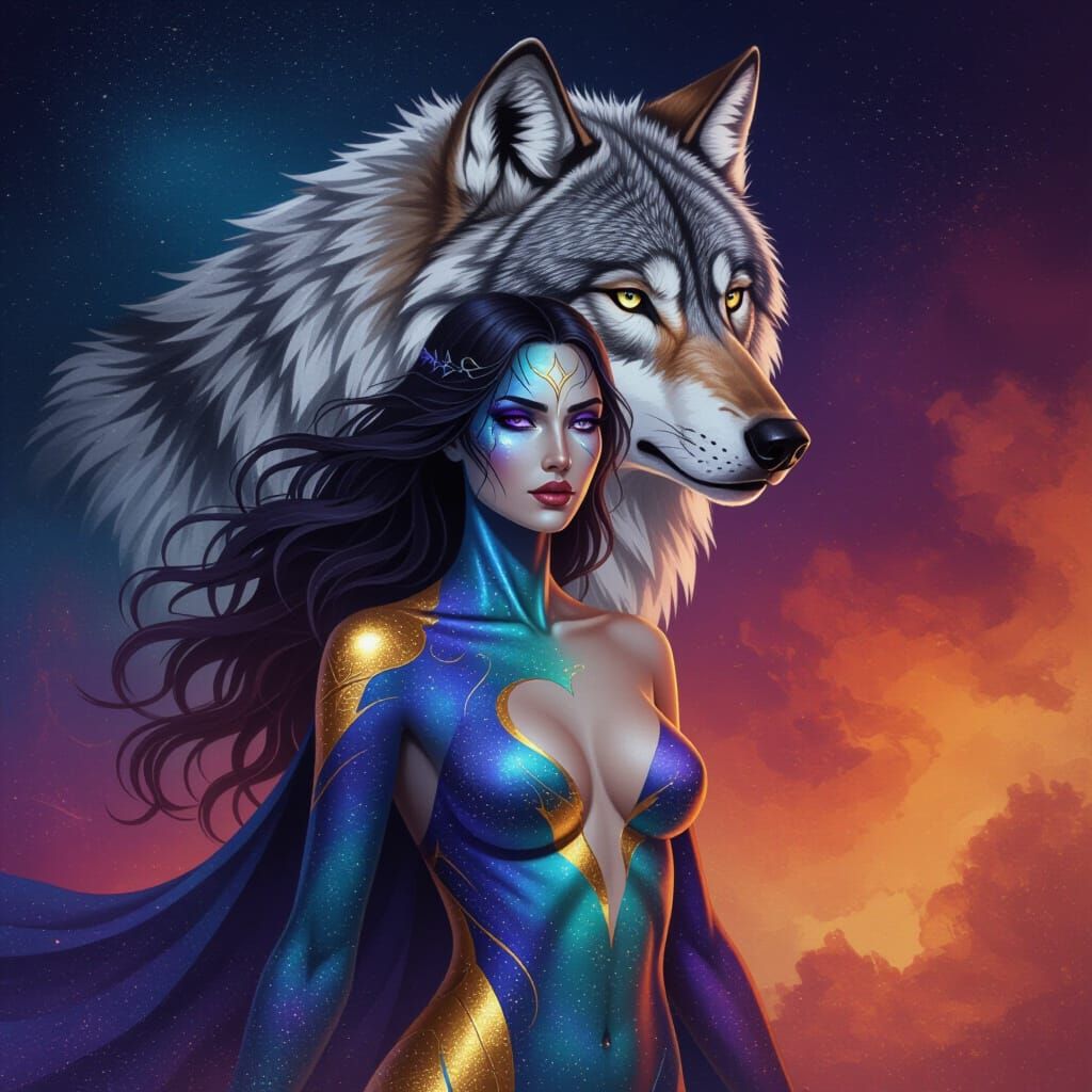 Mystical Wolf Woman Fusion in Digital Matte Painting Style