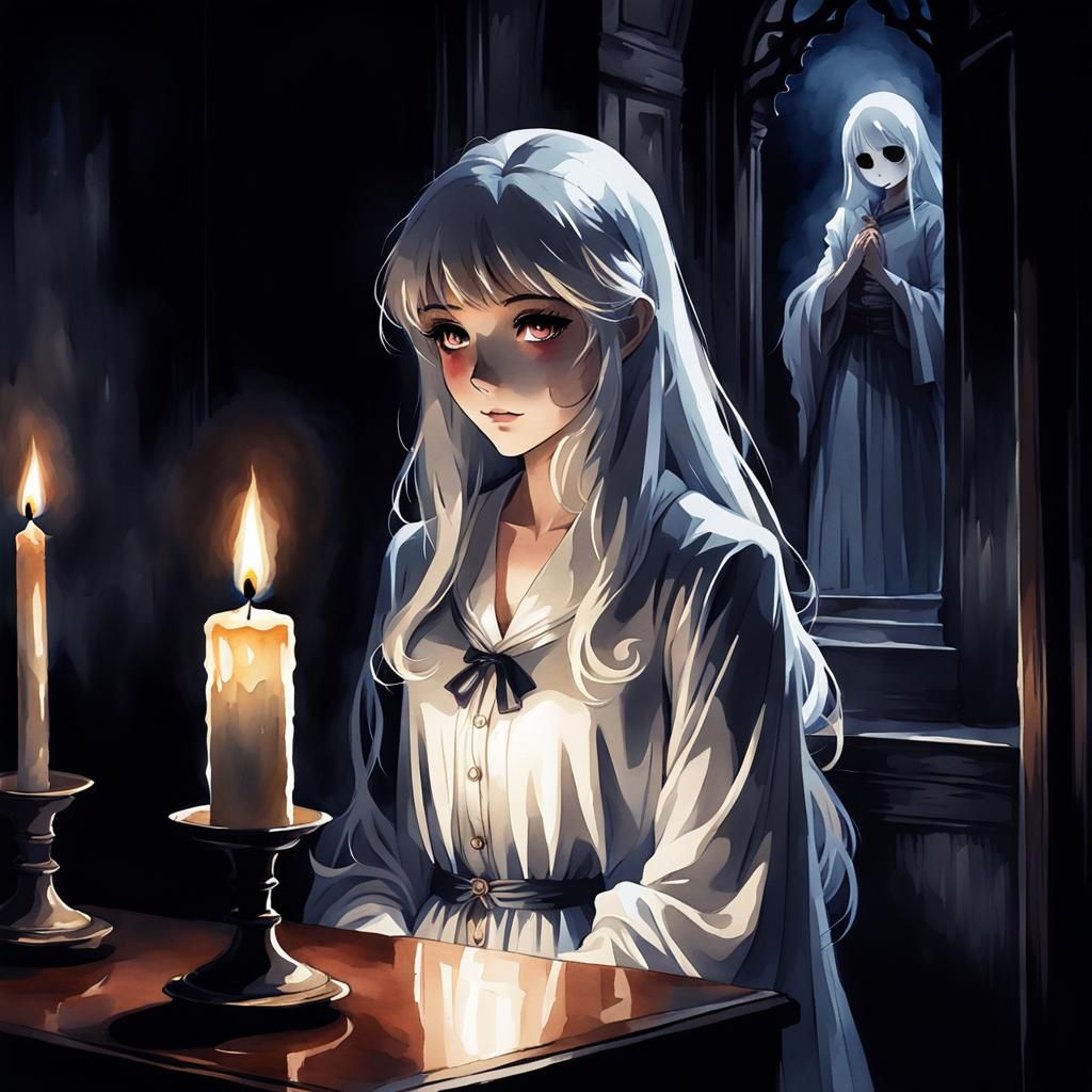 Ghost Girl and Candle in Anime Watercolor Style