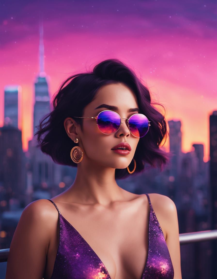 Chic Woman Reflecting Cosmic Cityscape in Digital Art