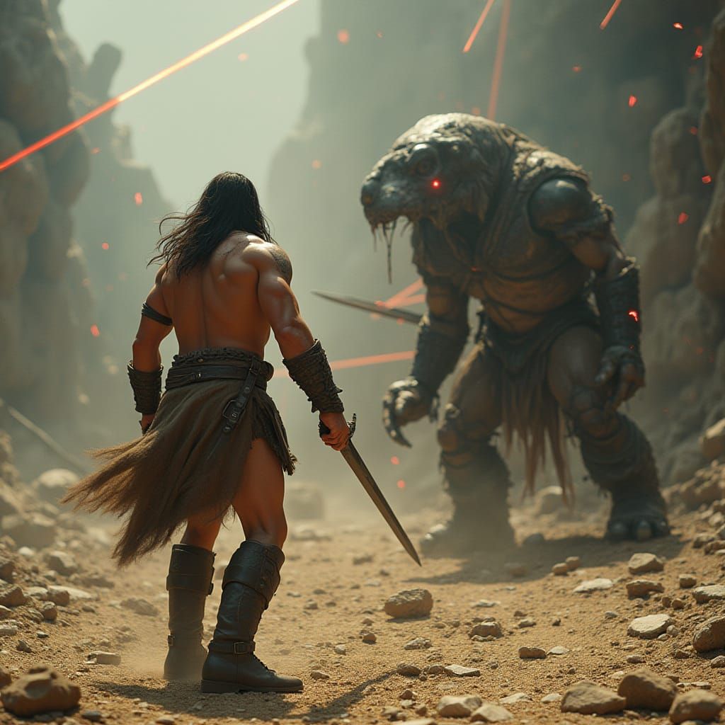 Conan Battles Monster in Sci-Fi Arena: Cinematic Film Still