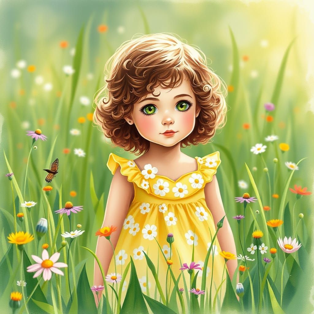 Whimsical Young Girl in a Vibrant Meadow Scene, in the Style...