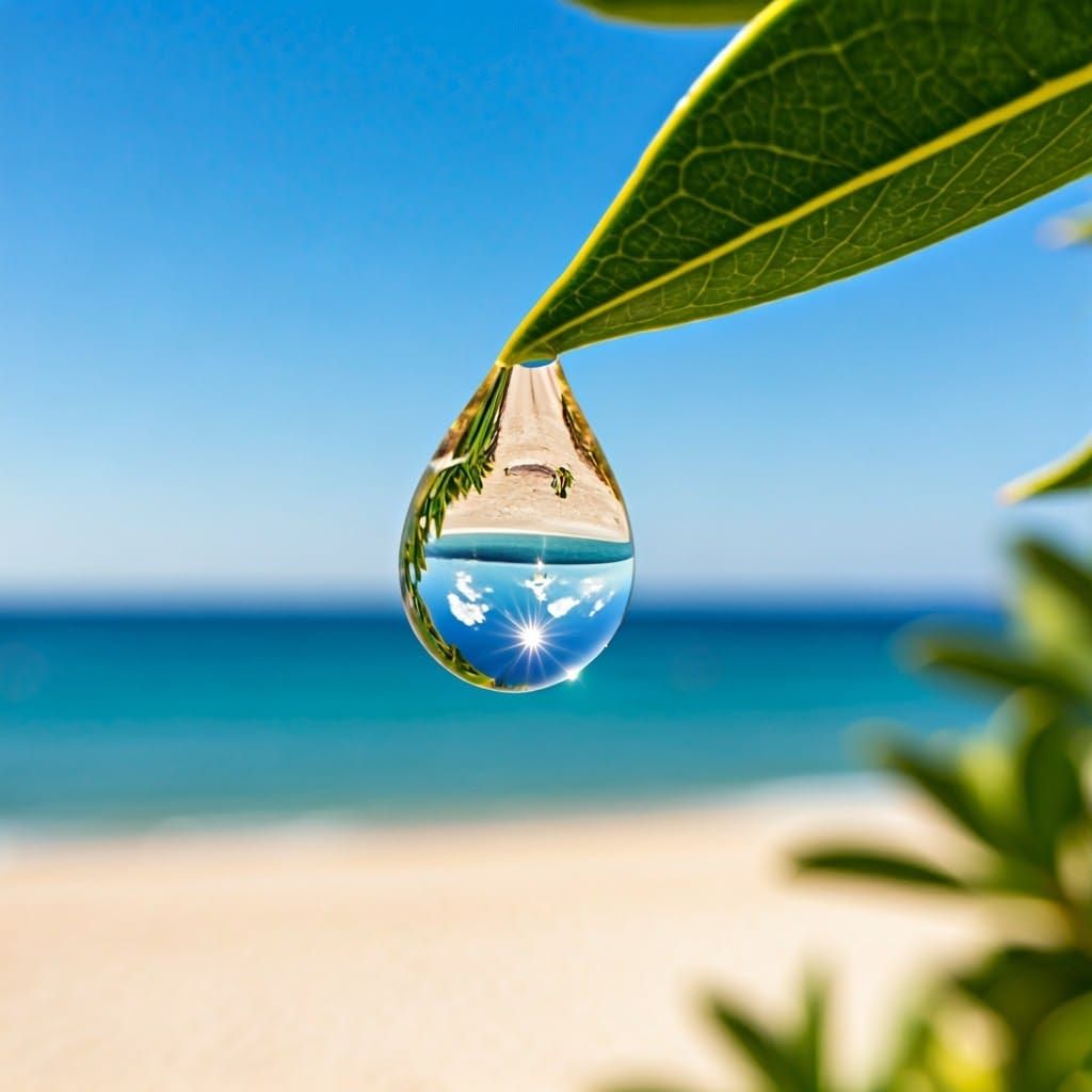 Ethereal Water Droplet Reflects Serene Beachside Scene