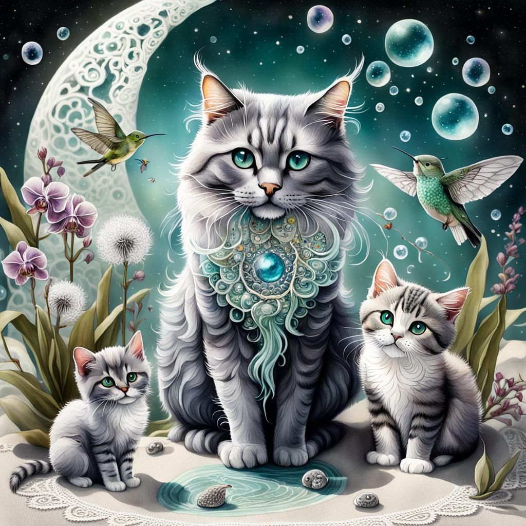 Mythical Spirit Cat Family Portrait in Watercolour