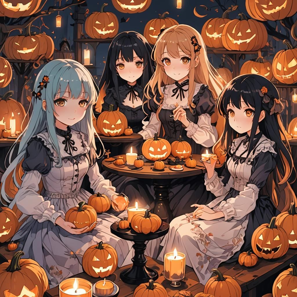 Moe Anime Girls and Pumpkins in Spooky Setting