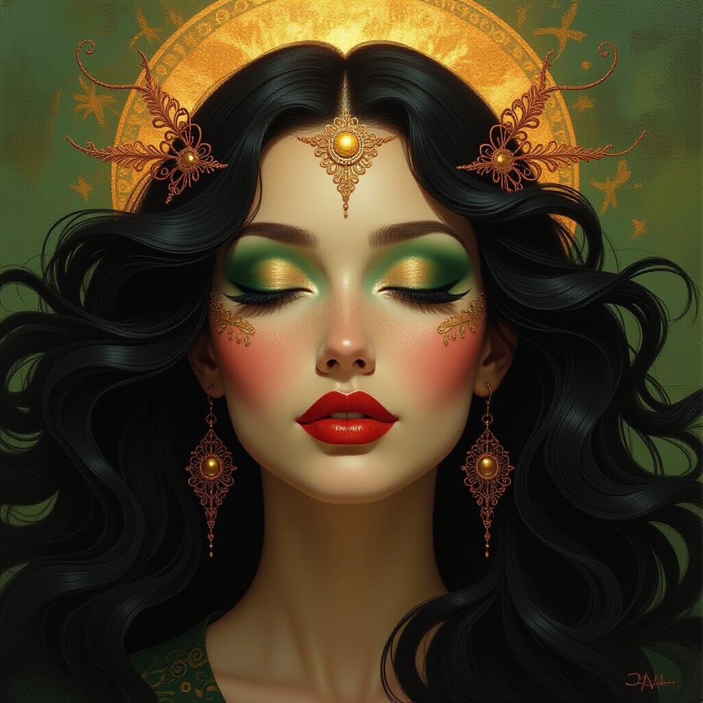 Surreal Divine Female Face with Copper Hair in Whimsical Pai...
