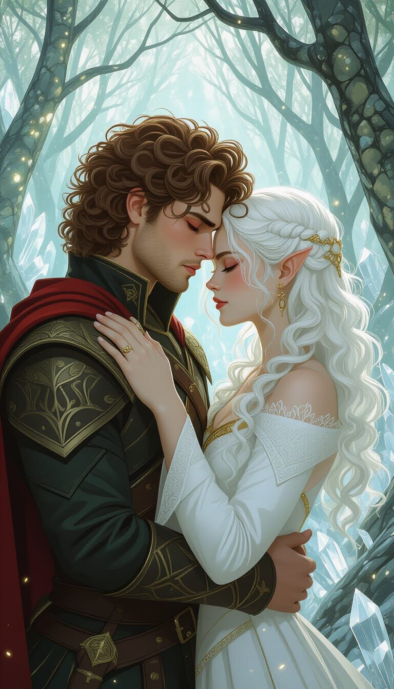 Epic Warrior and Witch in Crystalline Forest