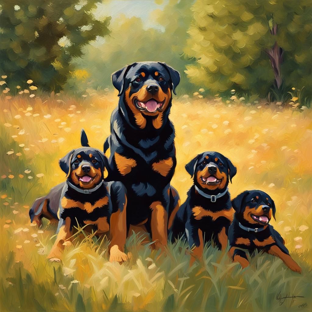 Rottweiler Mother and Puppies in Impressionist Oil Painting