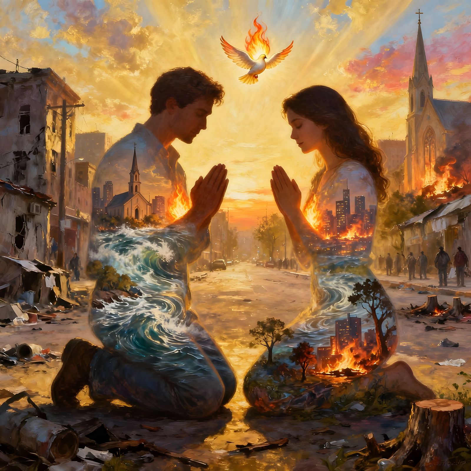 Couple Praying Amidst Urban Chaos and Destruction