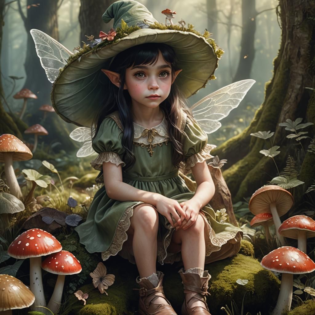 Elf Girl on Toadstool in Hyper-Realistic Style