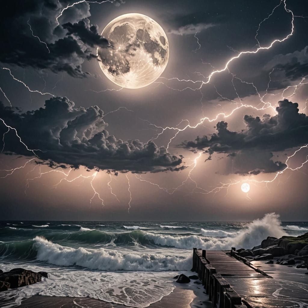 Electrical Storm over Sea Path at Midnight