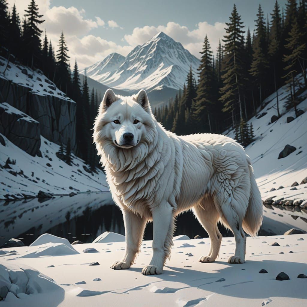 Hyper-Realistic Double Exposure Artwork of Samoyed on Snowy...