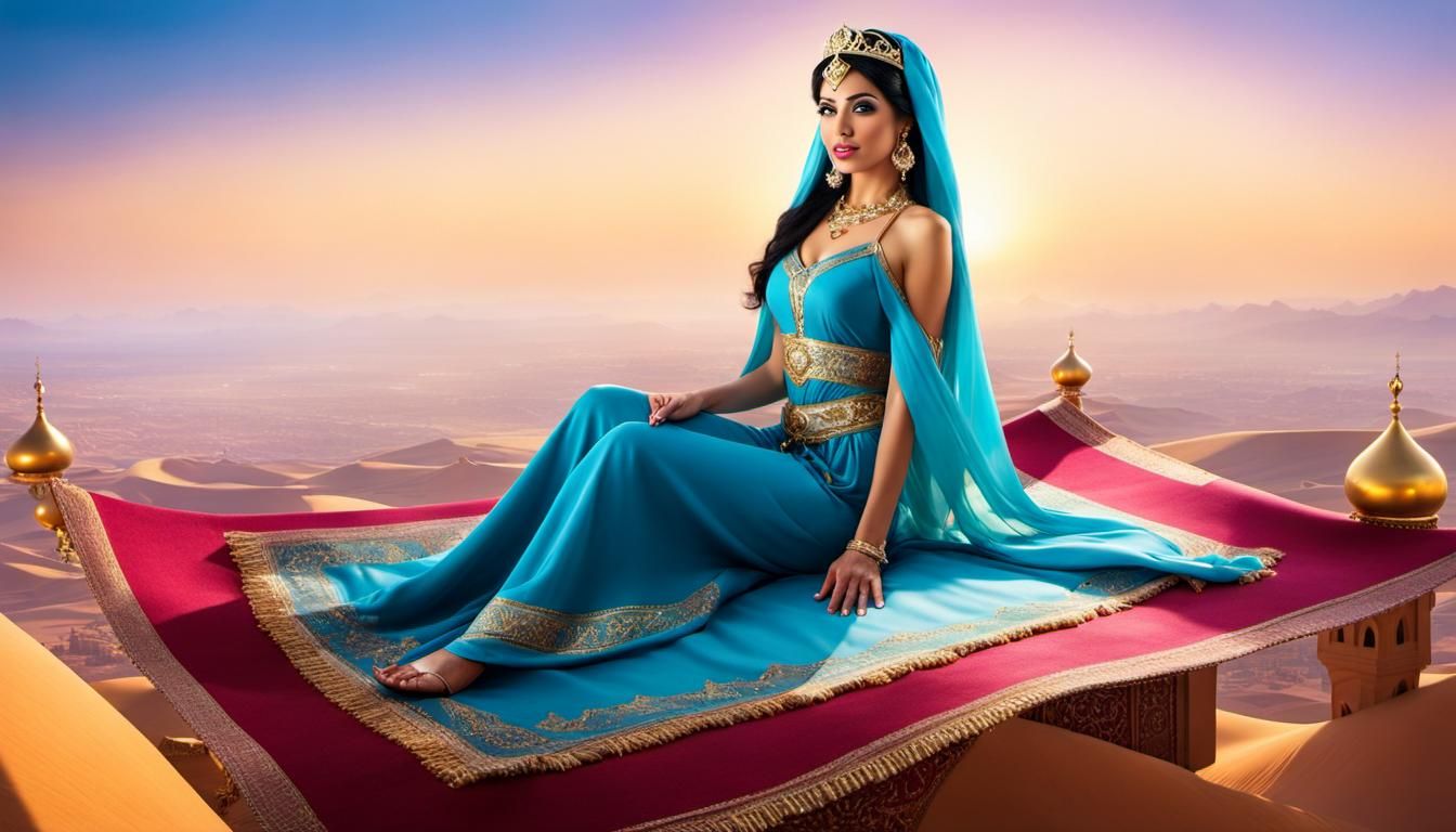 Arabian Princess on Magic Carpet Above Kingdom