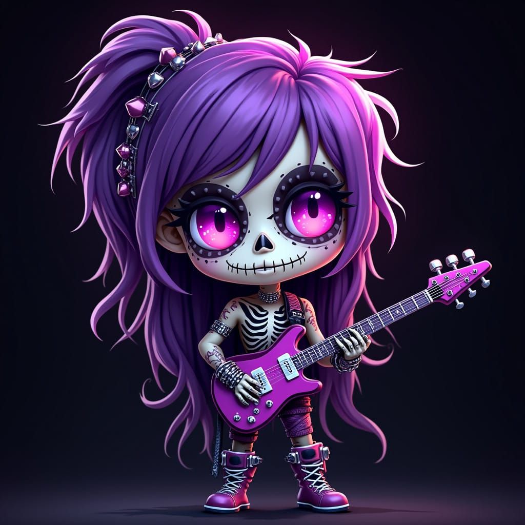 Vibrant Punk Rock Chibi Sugar Skull in Electric Purple