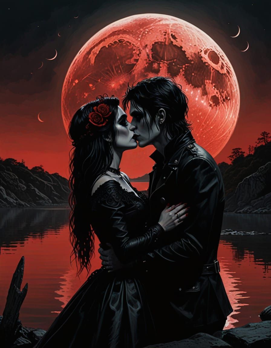 Goth Punk Couple Kiss Under Blood Moon