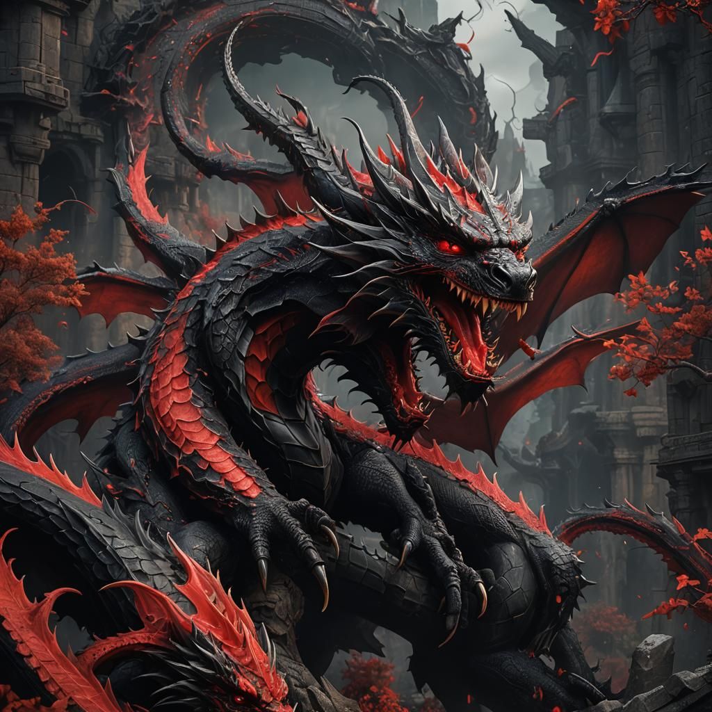 Detailed Black and Red Dragon Matte Painting