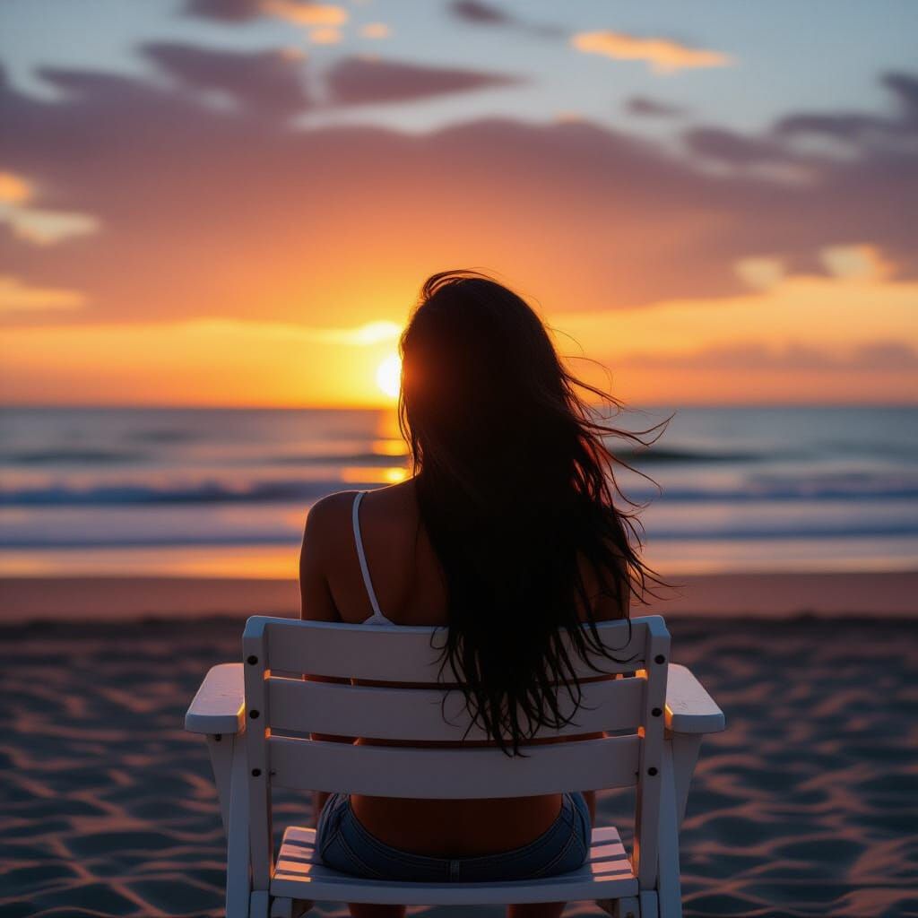 Woman Watches Orange Sunset Over Ocean