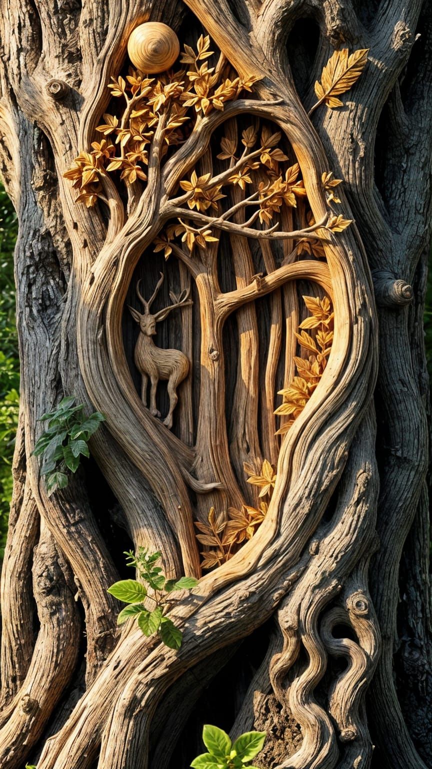 Wood Carving of Forest Integrated into Tree
