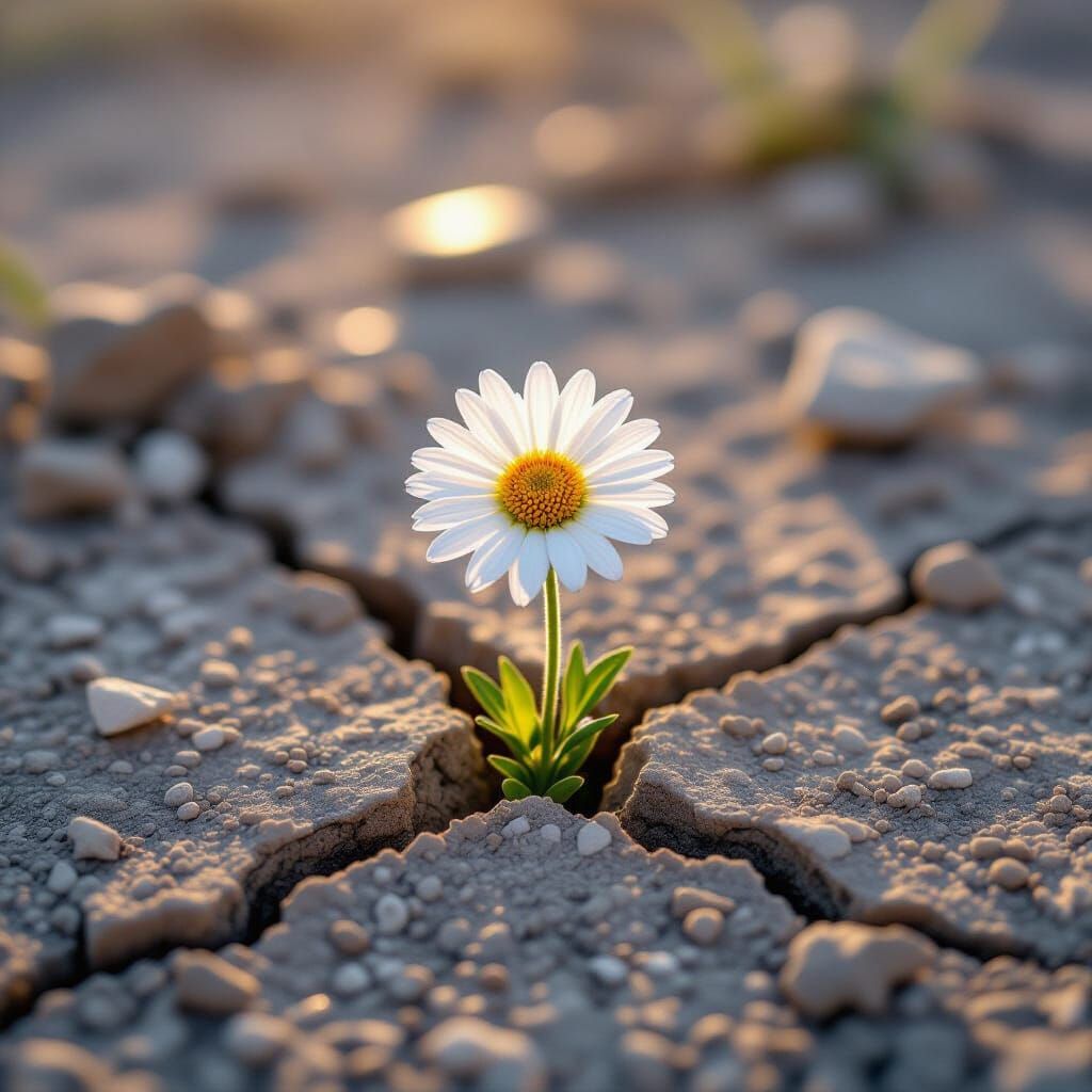 Lone Daisy Blooms in Earthquake Crack, Whimsical Art