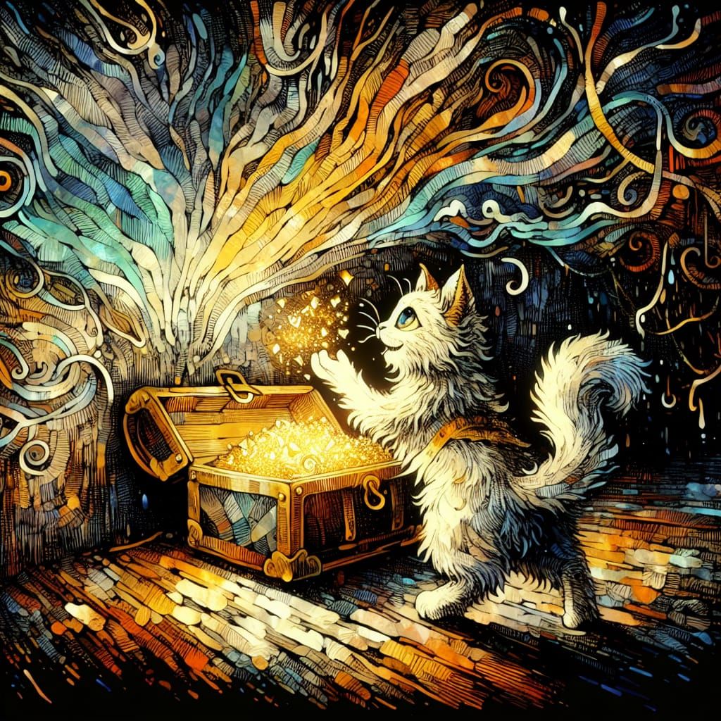 Cat Adventurer Finds Treasure: Ink Drawing Masterpiece