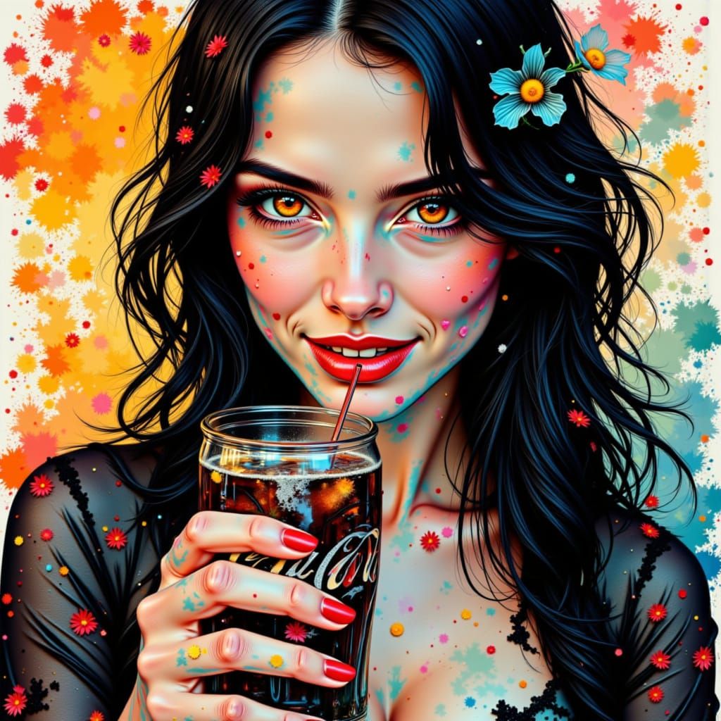 Intense Woman, Funky Trickster, Vibrant & Charcoal Art