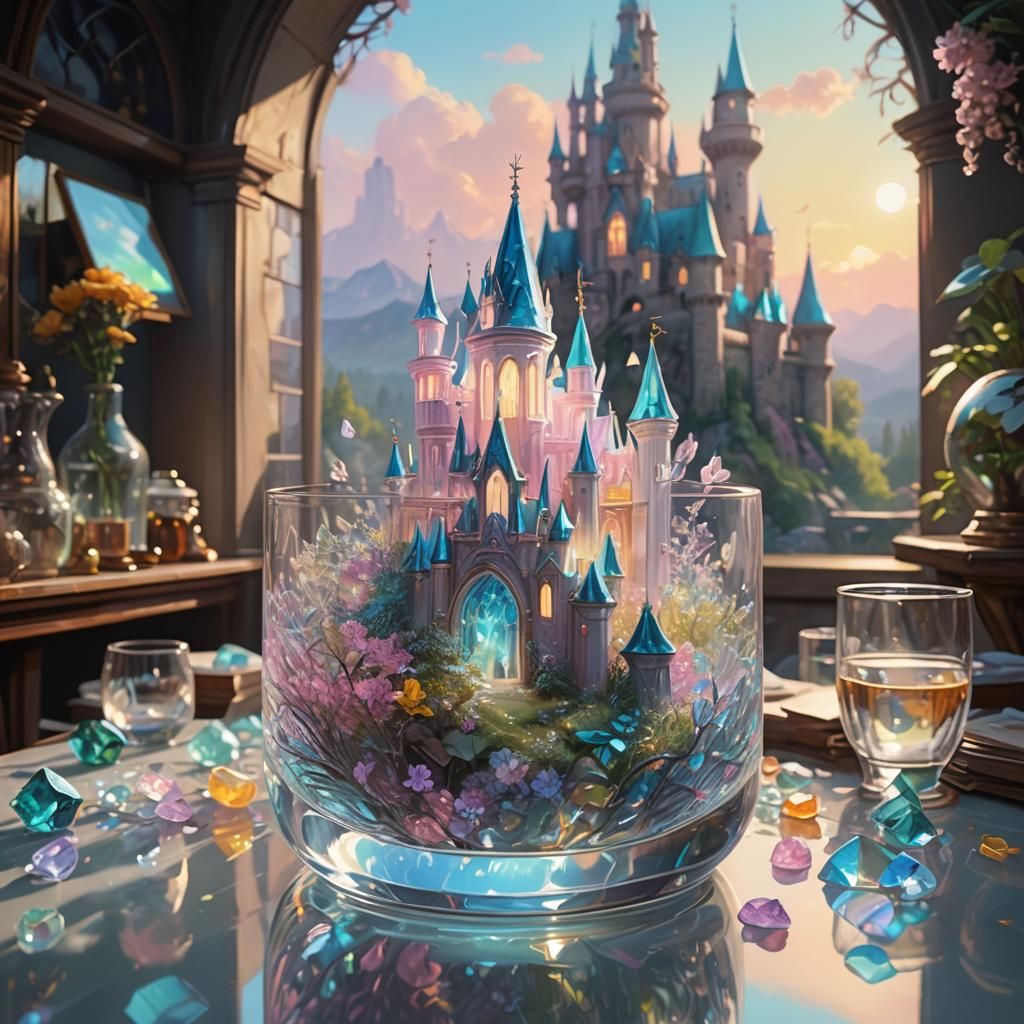 Iridescent Glass Castle in a Fantasy Landscape