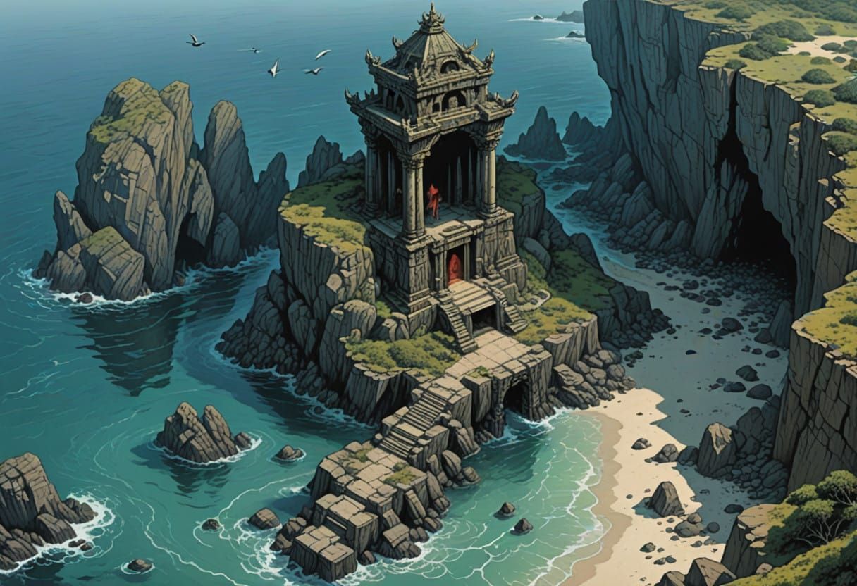 Ethereal Coastal Temple in Dark Fantasy Style