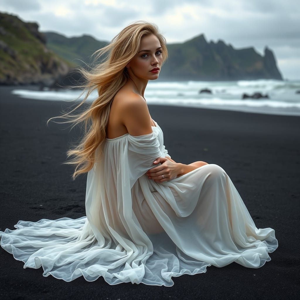 Serenely Seated Goddess on Windswept Beach in Ethereal Summe...