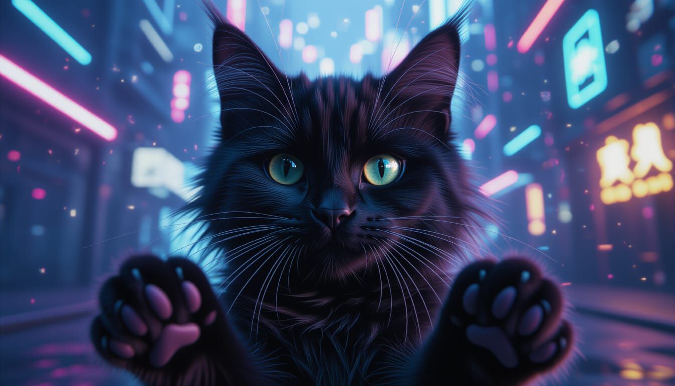 Fluffy Cyberpunk Cat Face in Neon City
