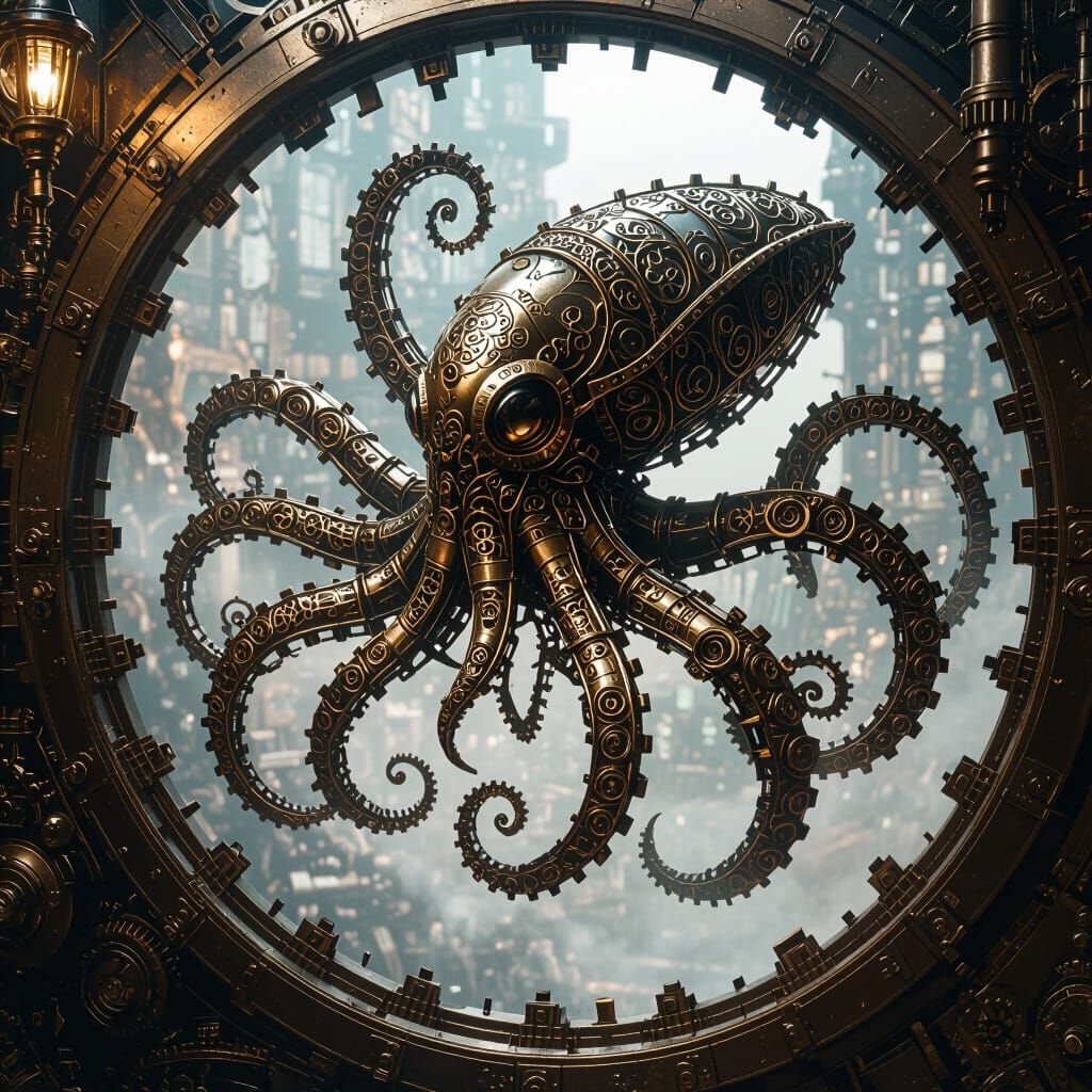 Steampunk Clockwork Kraken Emerges From Gear Vortex