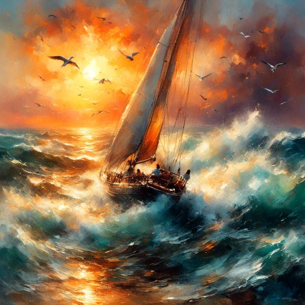Sailboat Battling Stormy Sunset Waves: Impasto Oil Painting