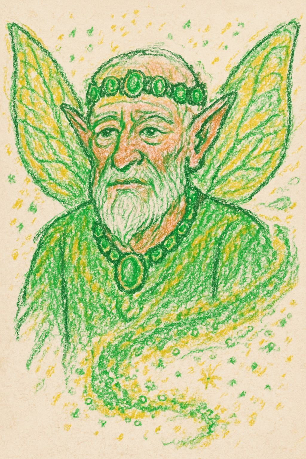 Elderly Fairy with Emerald Jewelry, Crayon Style