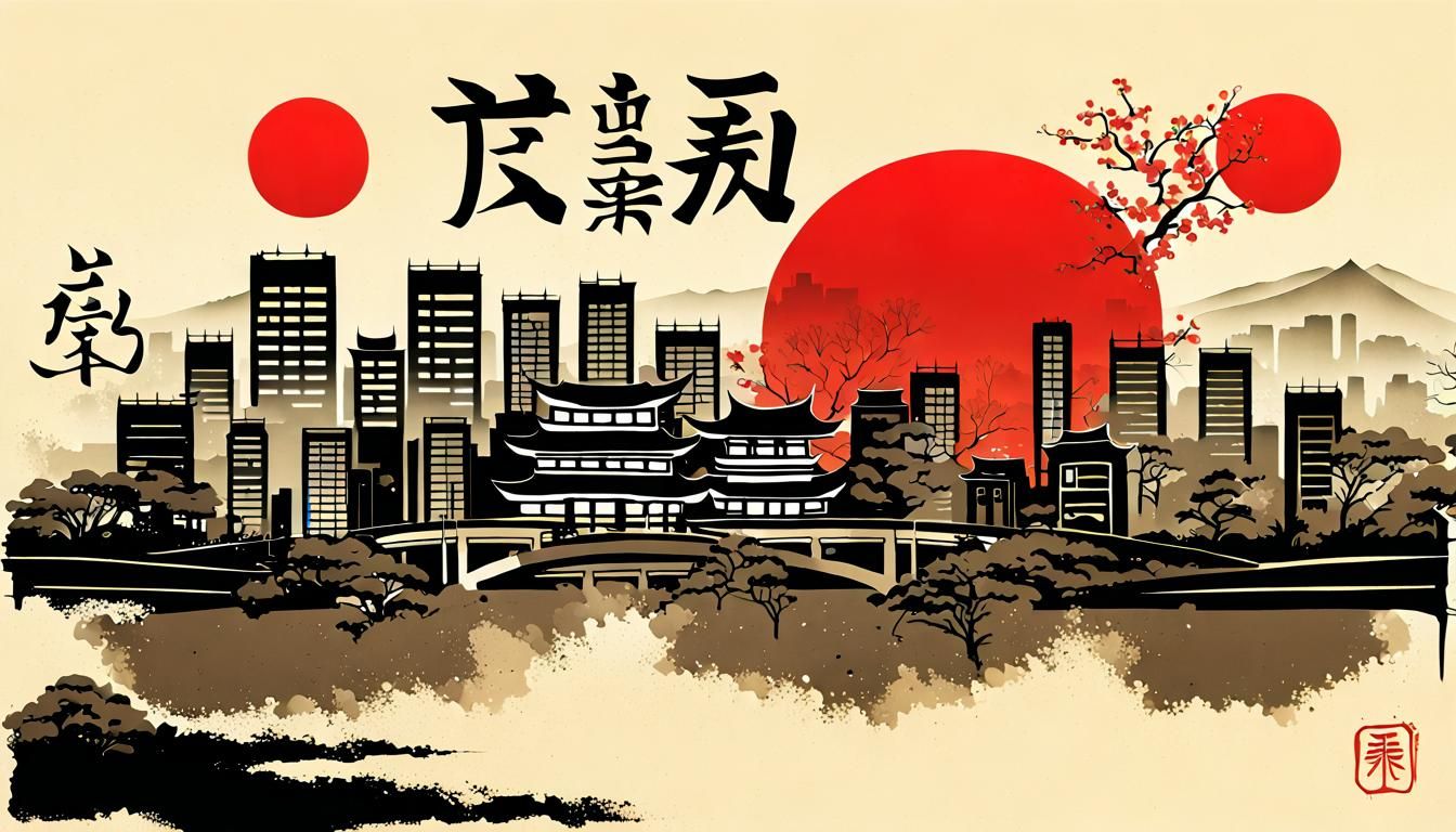 the city of Tokyo, traditional Japanese painting, kanji