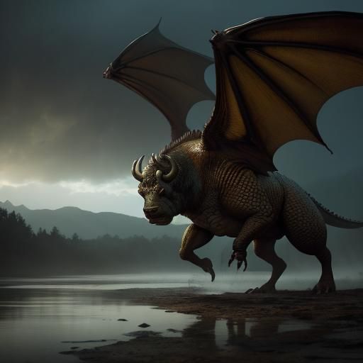 Brown Buffalo-Crocodile Creature with Dragon Wings