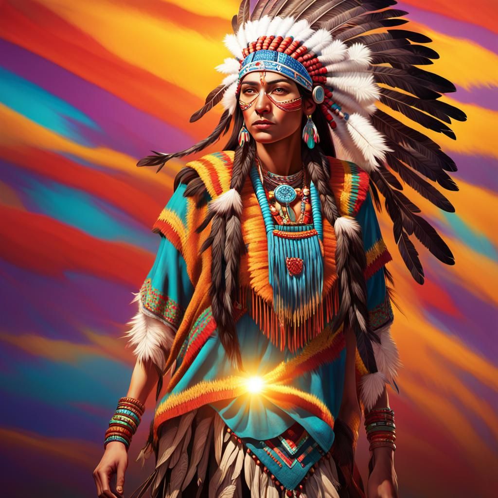 Brunette Native American Woman in Traditional Attire