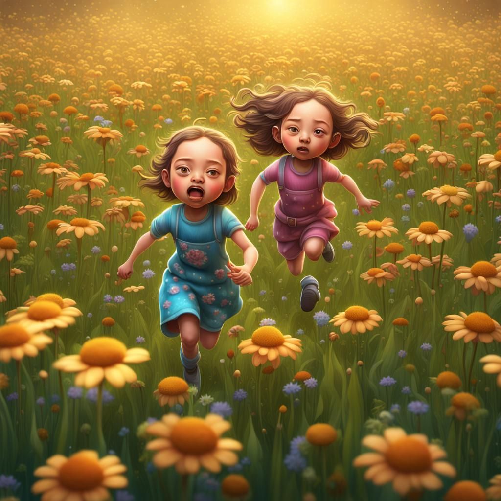 Surreal Children in Flower Meadow, Naoto Hattori Style