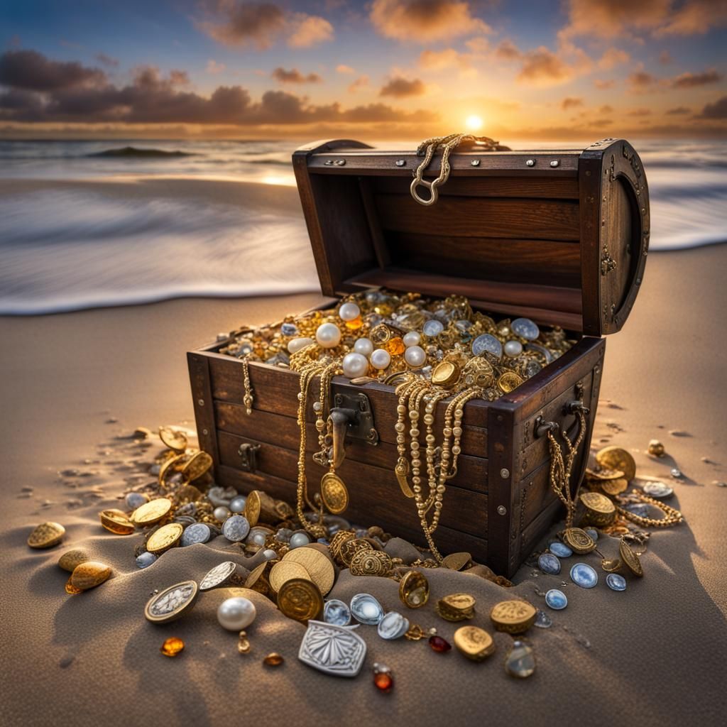 Treasure Chest on Sandy Shore at Sunrise