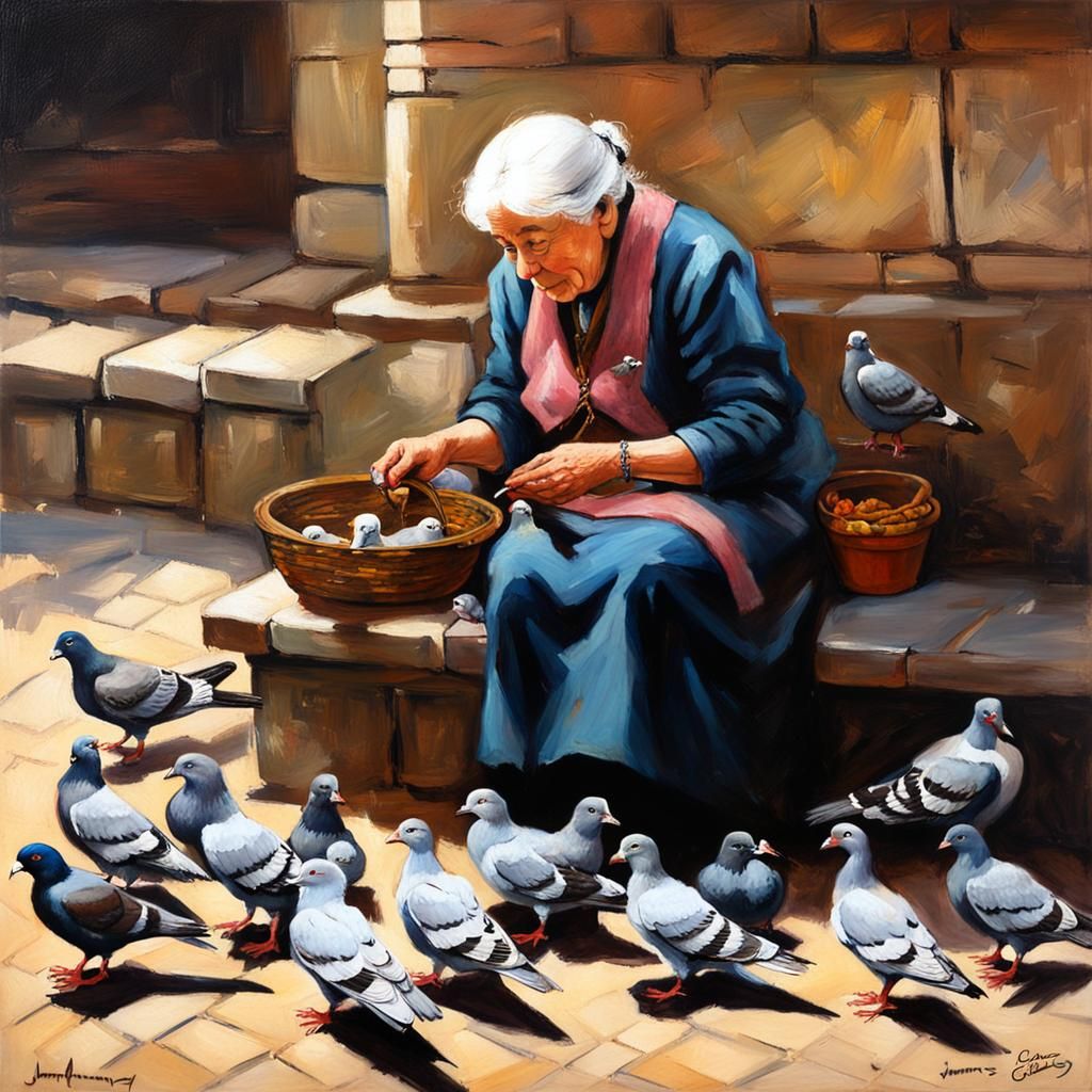 Old Woman Feeding Pigeons: Oil Painting