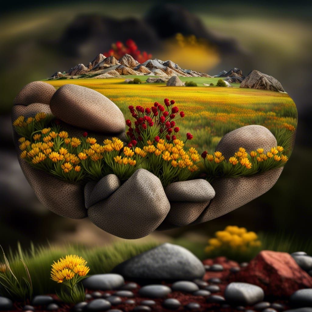 Hyperrealistic Meadow Scene with Flowers and Boulders