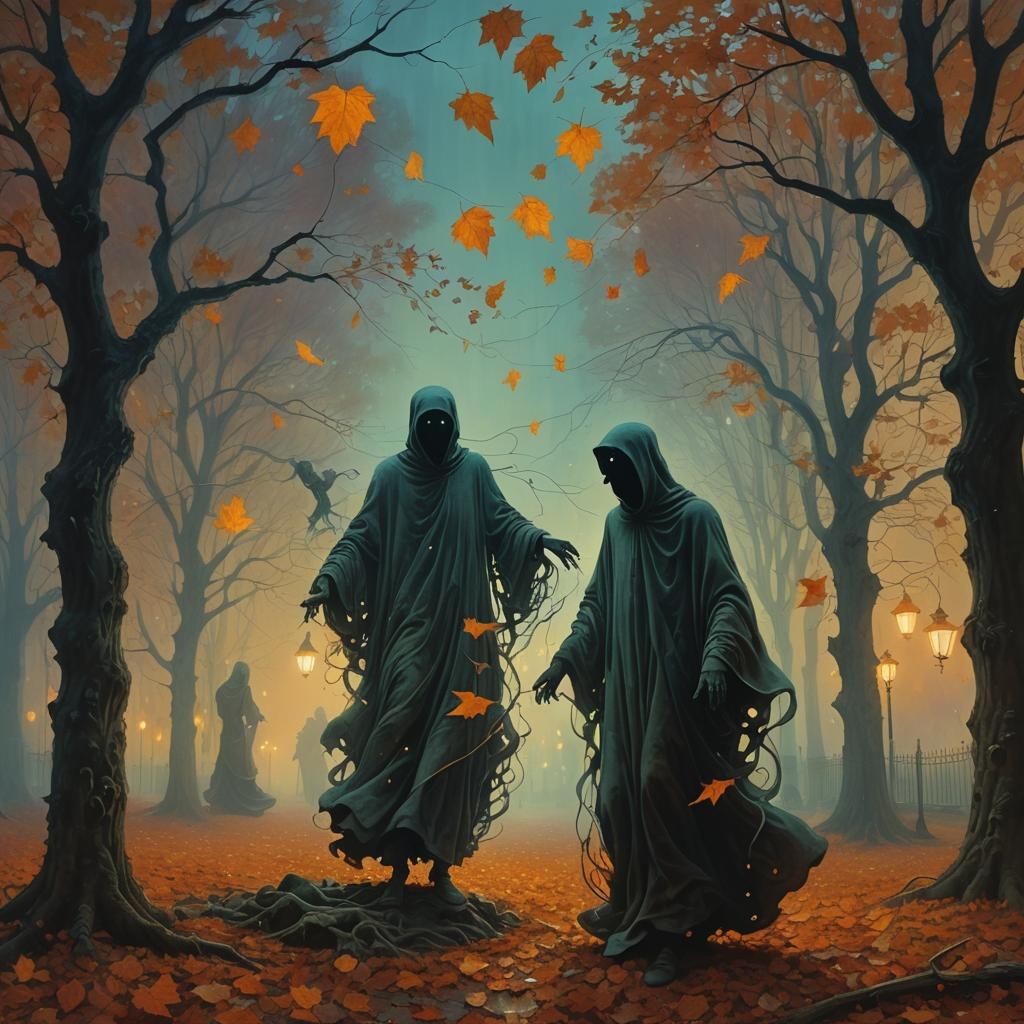 Ghostly Figures Dancing in Autumnal Twilight